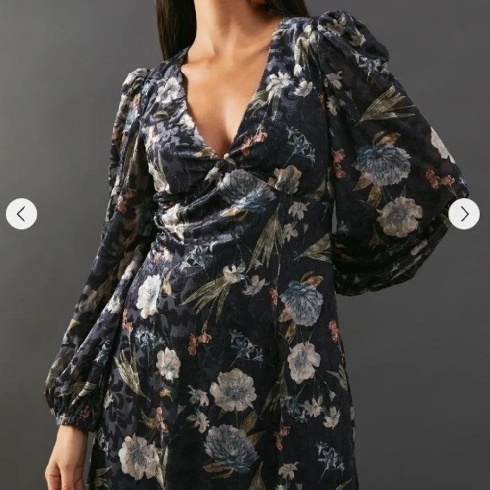 Warehouse Womens Sz 8 Premium Printed Velvet VNeck Midi Tea Blue Botanical Dress